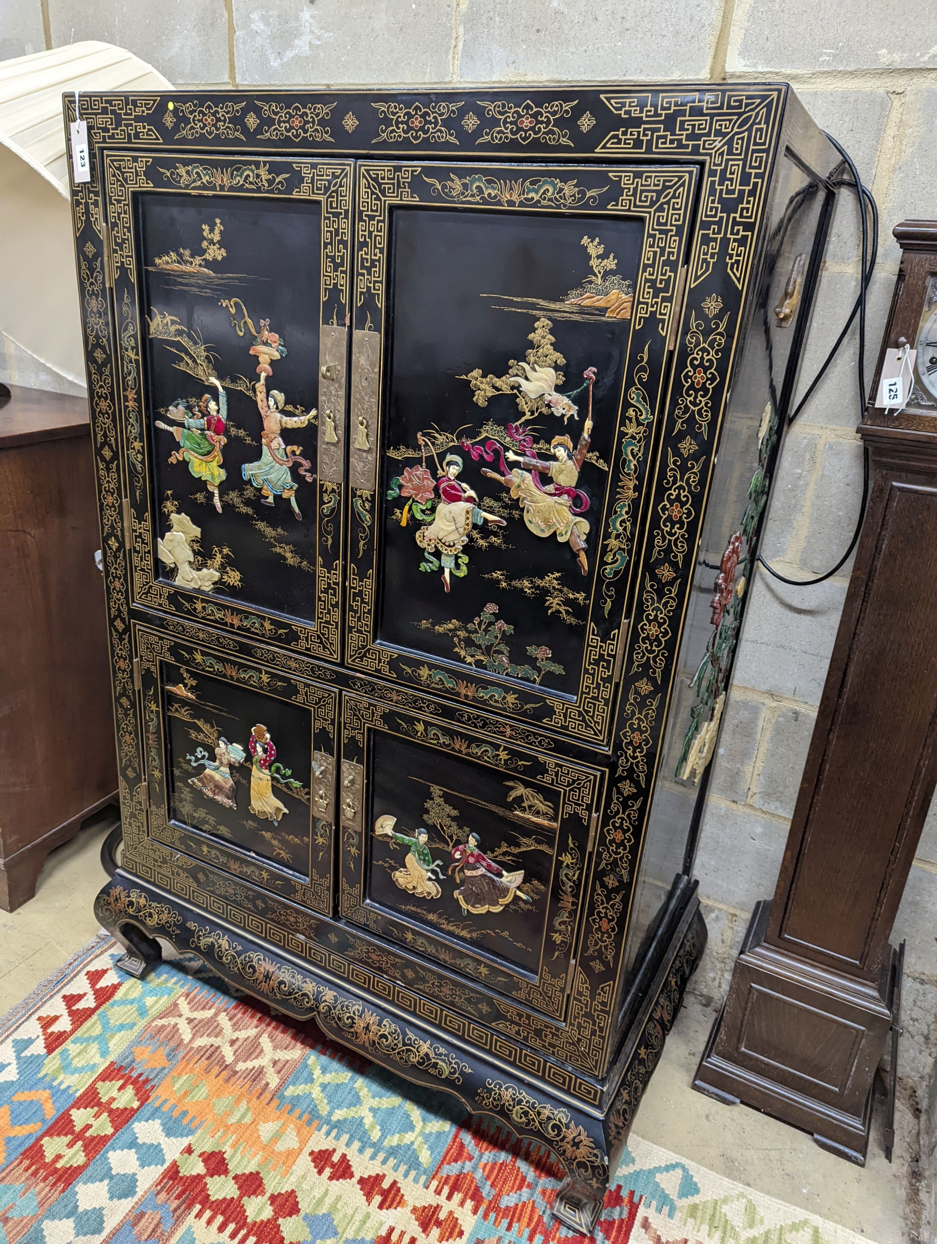 A Chinese hardstone mounted black lacquered four door side cabinet, width 92cm, depth 51cm, height 152cm